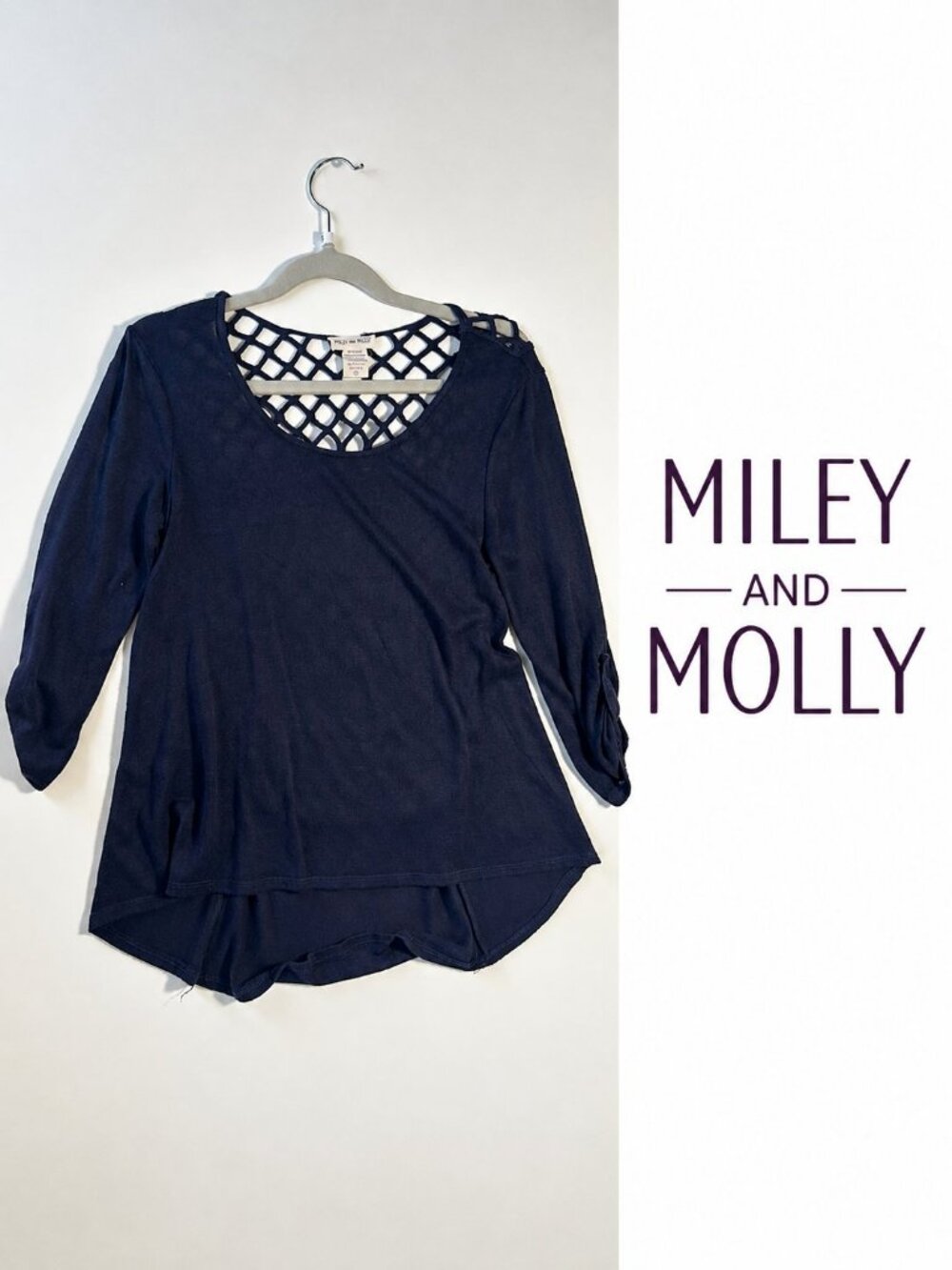 Miley and Molly Navy Crochet Back High-Low Tunic Top 3/4 Sleeve